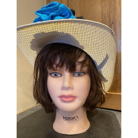 VTG Mexico Straw Fashion Cowboy Women’s Hat Turquoise Flower Black Band Fit 7 - Picture 3 of 10